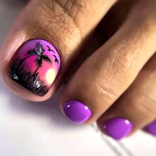 Square Press on Toenails Palm Tree Seaside Acrylic False Toe Nails