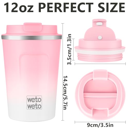 WETOWETO 12 oz Stainless Steel Insulated Travel Coffee Mug - Pink-White