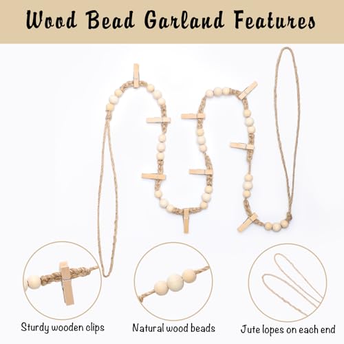 Boho Hanging Photo Display with Clips - 3 Pack Wooden Bead Garland