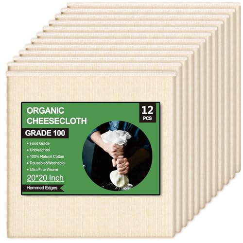 12 Pcs Organic 20x20 Inch Cheese Cloths - Reusable Grade 100 Cotton for Cheese Making & Cooking