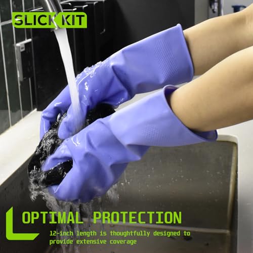 SLICK KIT Reusable Rubber Dishwashing Gloves, Medium, 3 Pairs (Pink/Yellow/Purple)