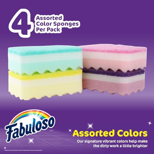 Fabuloso Rainbow Kitchen Dish Sponges - Scratch-Free, Dual-Side Cleaning, 4-Count Pack