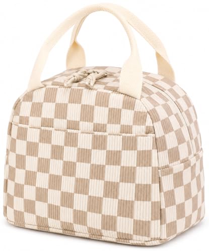 Bluboon Insulated Lunch Bag - 10L Brown Checkered Corduroy Lunch Tote