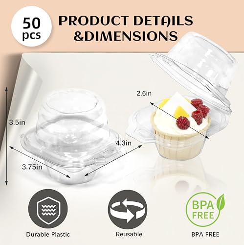 WIKDAY 50 Pack Plastic Cupcake Containers with Lids - Reusable Clear Food Storage