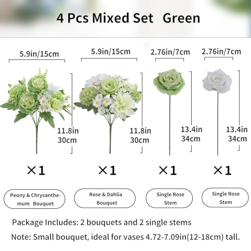 Artificial Flower Set - 4 Pcs Peony and Rose Bouquets for Home Decor