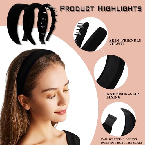 Black Velvet Padded Headbands 3-Piece Set Non-Slip Hair Hoops for Women