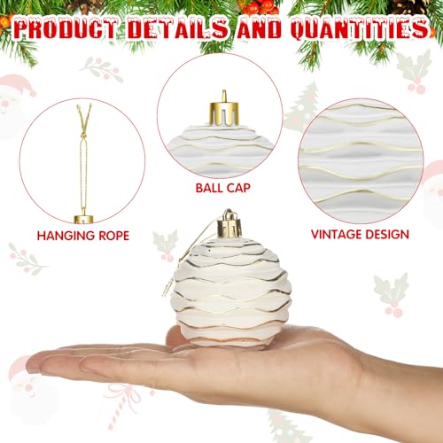 Christmas Ball Ornaments Set - Vintage White-Gold Farmhouse Style, 36 pcs