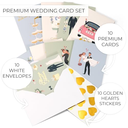 Elegant Wedding Card Set of 10 with Envelopes & Stickers
