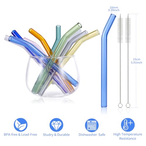 10 Pcs Colorful Reusable Bent Glass Straws - 6'' for Whiskey & Cocktails