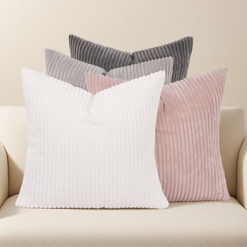 Set of 4 Corduroy Throw Pillow Covers 16x16 - Soft Boho Striped Decor