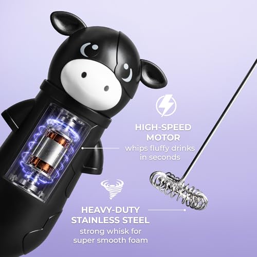 Zulay Kitchen Cow Milk Frother Wand – Betsy The Cute Handheld Coffee Frother for Lattes, Cappuccino & Matcha, Black