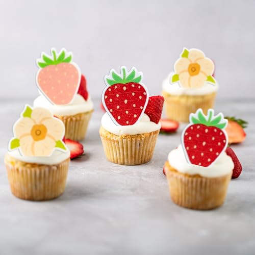 60Pcs Edible Strawberry Cupcake Toppers - Wafer Paper Cake Decorations