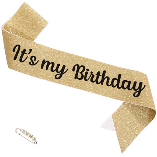 It's My Birthday Girl Sash with Pearl Pin Gold Black Party Favor