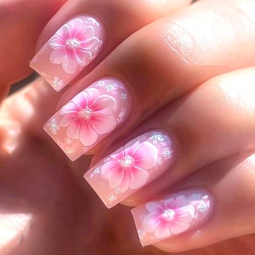 Pink Floral Press on Nails Medium Square Glossy Fake Nails 24Pcs