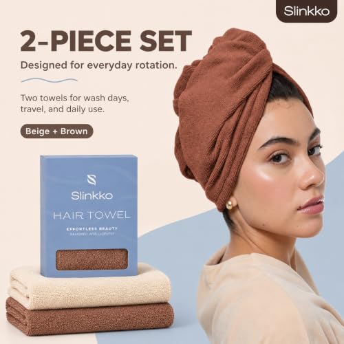 Microfiber Hair Towel Wrap for Women - Ultra Absorbent Beige & Brown