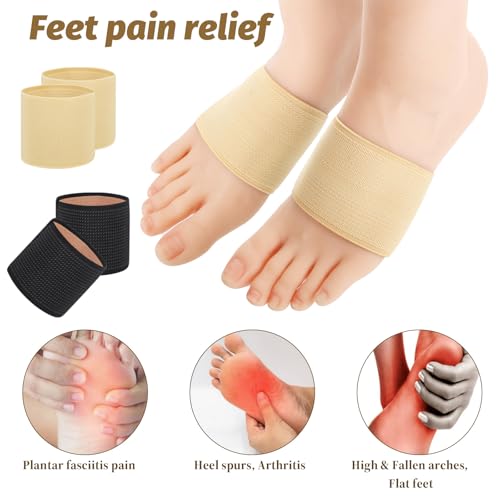 2 Pairs Arch Support Sleeves, Elastic Foot Compression Sleeve Flat Arches Support Bands Copper Foot Arch Supports Universal Size Foot Wrap Plantar Brace Compression Bands for Women Men