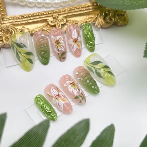 GUAACCB Green Floral Press on Nails Medium Almond Fake Nails 30Pcs