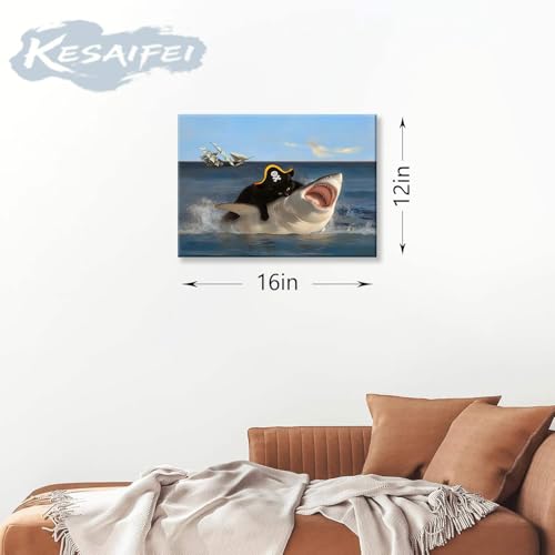 Funny Black Cat Biting Shark Wall Art - 12x16 Unframed Print