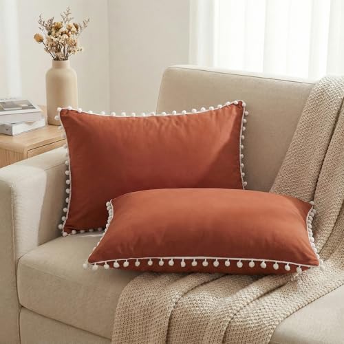 Rust Pom Poms Pillowcases Set of 2, 30x20 Queen Size, Soft Microfiber