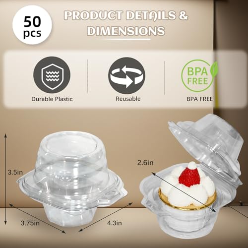 WIKDAY Individual Cupcake Containers, Clear Plastic - 50 Pack