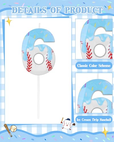Blue Baseball Ice Cream Drip Birthday Candle - Number 6 Topper