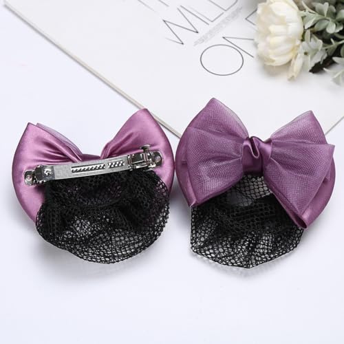 QUUPY Purple Bow Hair Net Barrette, Polyester Mesh Bun Cover Clip