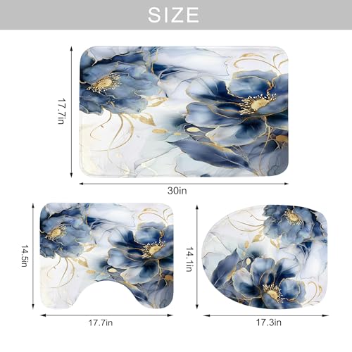 Navy Marble Floral Shower Curtain Set with Bath Mats - 4 Pieces