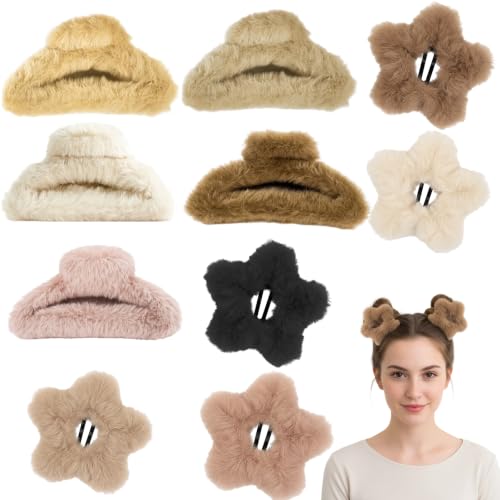 10-Piece Fuzzy Claw Clip Set, 3.54 Inch Soft Neutral & Star Hair Clips