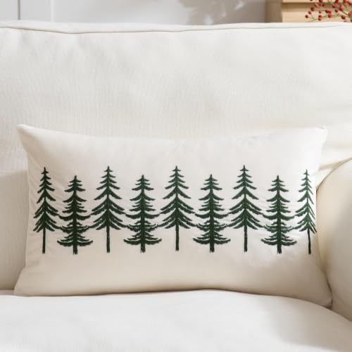 Christmas Tree Winter Pillow Cover 12x20 Inch Embroidered Lumbar Decor - Green