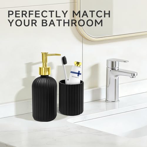 Black Glass Bathroom Accessory Set - Soap Dispenser & Toothbrush Holder
