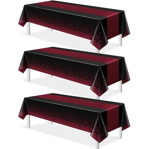 Black and Maroon Tablecloths - 3 Pack Disposable Party Covers 54x108"