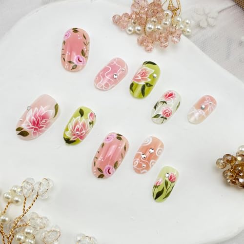 GUAACCB Pink Floral Press On Nails Short Spring Butterfly Fake Nails