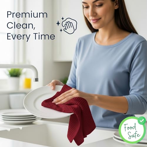 Red 6-Pack Classic Waffle Weave Cotton Kitchen Dish Cloths - Ultra Absorbent & Fast Drying