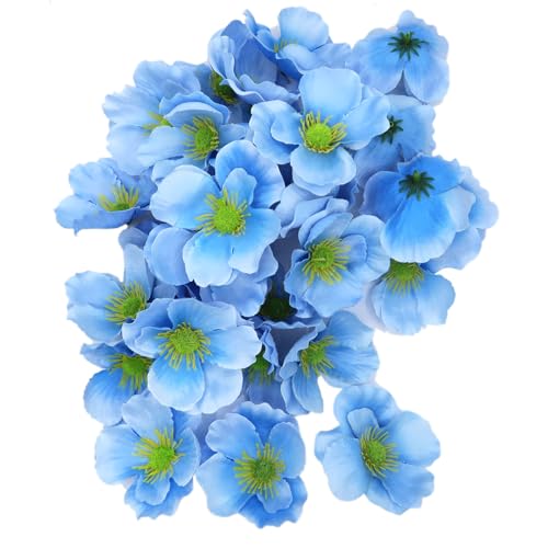 Artificial Poppy Flower Heads 20pcs Light Blue Silk Fake Flowers