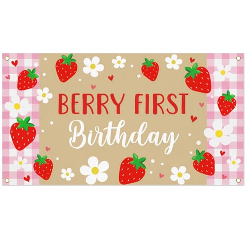Berry First Birthday Banner - Pink Strawberry 1st Birthday Backdrop for Girls