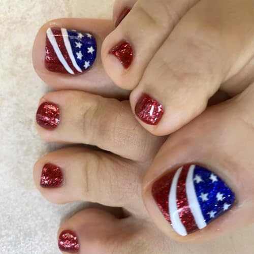 4th of July Short Square Press on Toe Nails Patriotic False Toenails