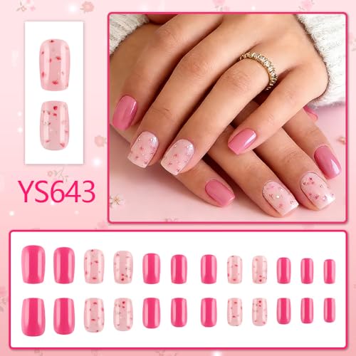 Pink Floral Press on Nails Short Square Fake Nails Set with Glue