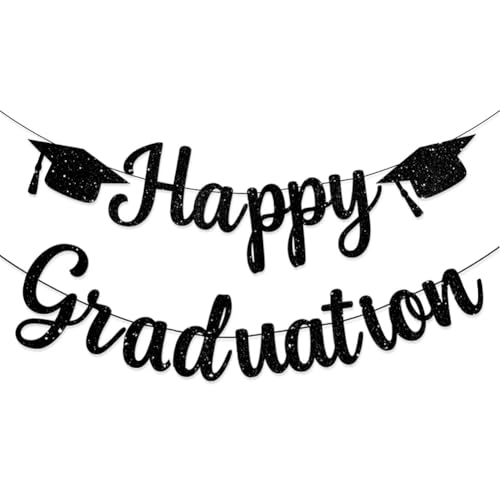 Black Glitter Happy Graduation Banner - Pre-Assembled Party Decor