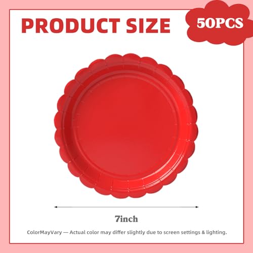 Vyntra 7-Inch Scalloped Paper Dessert Plates, Red, 50-Pack