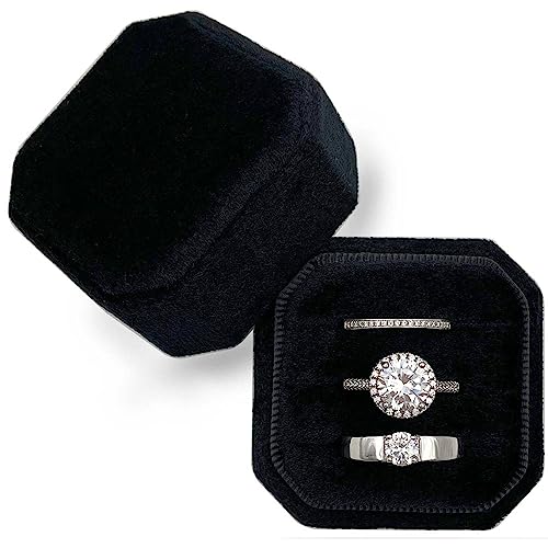 Black Velvet Ring Box - 3 Slots Octagon Holder for Weddings