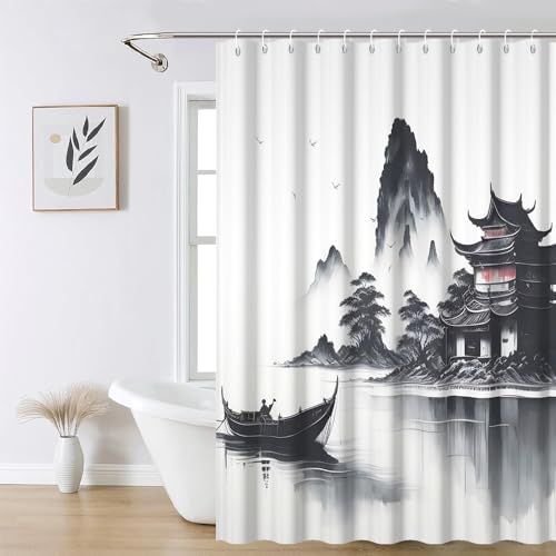 Watercolor Black Mountain Shower Curtain - 72x72 Inch Waterproof Polyester