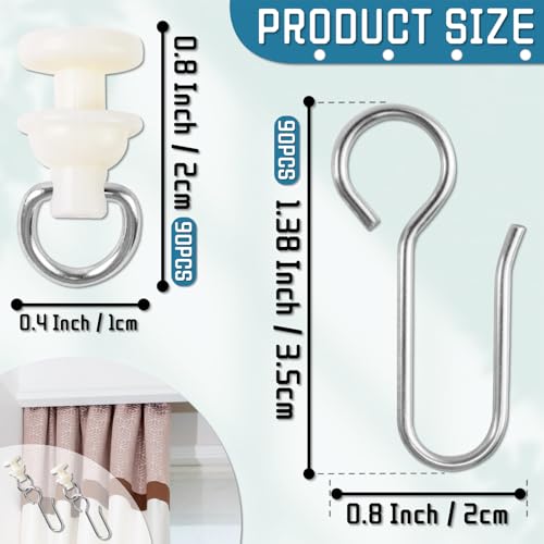 White Curtain Track Hooks Set - 90 Clips & Rollers for Showers