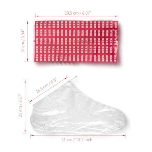 WOLVINA 100Pcs Disposable Plastic Foot Covers Waterproof Booties with Adhesive Strips for Paraffin Wax Bath, Spa and Home Pedicure