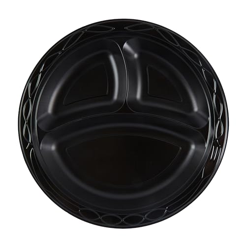 RW Base 10.4 Inch Microwavable Food Plates, 100 Round Plastic Plates - 3 Compartments, Disposable, Black Plastic Dinner Plates, Serve Hot And Cold Foods, For Restaurants And Cafes - Restaurantware