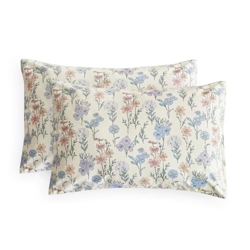 Wake In Cloud Floral Pillowcases Set of 2, Ivory Blue, 20x26 Inches