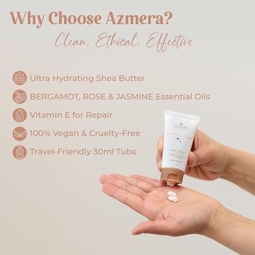 AZMERA Shea Butter Hand Cream - Ultra Hydrating Moisturizer for Dry Cracked Hands (Bergamot Rose & Jasmine, 30ml)