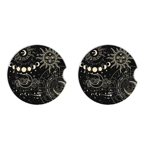 Moon and Sun Car Coasters - 2 Pack Ceramic & Cork Drink Coasters