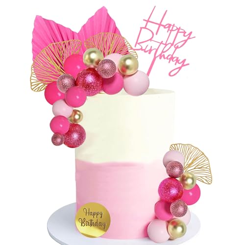 Hot Pink and Gold Ball Cake Topper Set with Palm Leaves for Party Decor