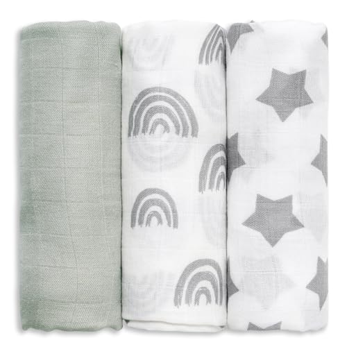 GLLQUEN BABY Muslin Swaddle Blanket 3-Pack - Star Pattern, Bamboo Cotton