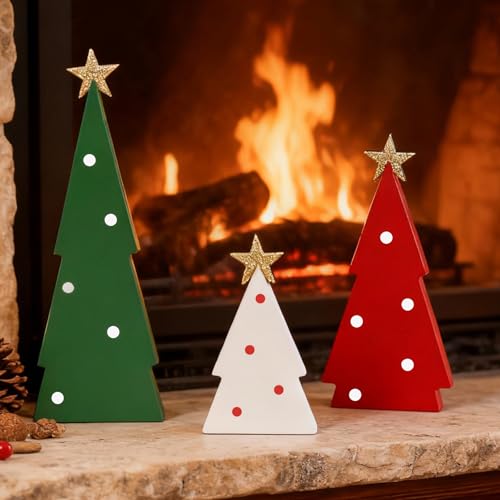 FINDRICH Green Indoor Christmas Tree Decorations Set - 3PCS Wooden Tabletop Holiday Centerpieces with Glitter Stars